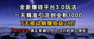 全新赚钱平台3.0玩法一天精准引流创业粉1000.7天被动躺Z收益21W【仅揭秘】-网赚项目平台