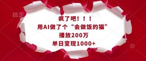 疯了吧！用AI做了个“会做饭的猫”，播放200万，单日变现1k-网赚项目平台