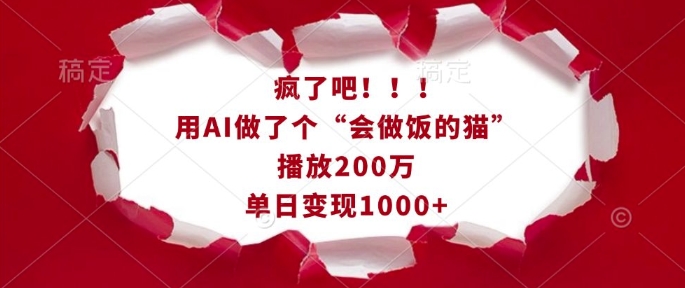 疯了吧!用AI做了个“会做饭的猫”,播放200万,单日变现1k-网赚项目平台