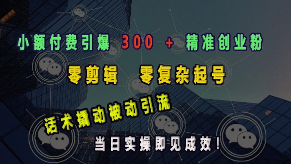 小额付费引爆 300 + 精准创业粉，零剪辑、零复杂起号，话术撬动被动引流，当日实操即见成效-网赚项目平台