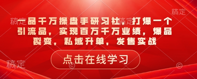 一品千万操盘手研习社，打爆一个引流品，实现百万千万业绩，爆品裂变，私域升单，发售实战-网赚项目平台