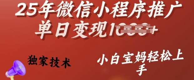 25年微信小程序推广单日变现多张，独家技术，小白宝妈轻松上手【揭秘】-网赚项目平台