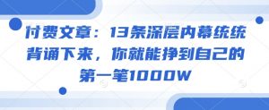 付费文章：13条深层内幕统统背诵下来，你就能挣到自己的第一笔1000W-网赚项目平台