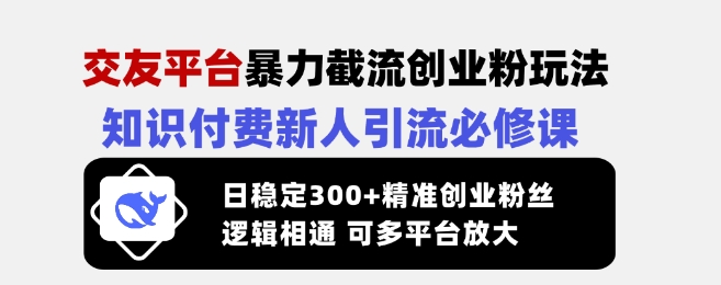 交友平台暴力截流创业粉玩法，知识付费新人引流必修课，日稳定300+精准创业粉丝，逻辑相通可多平台放大-网赚项目平台