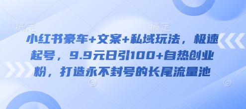 小红书豪车+文案+私域玩法，极速起号，9.9元日引100+自热创业粉，打造永不封号的长尾流量池-网赚项目平台