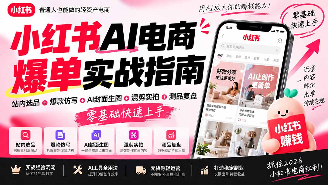 2026小红书AI电商爆单实战指南：站内选品+爆款仿写+AI封面生图+混剪实拍+测品复盘，零基础快速上手-网赚项目平台