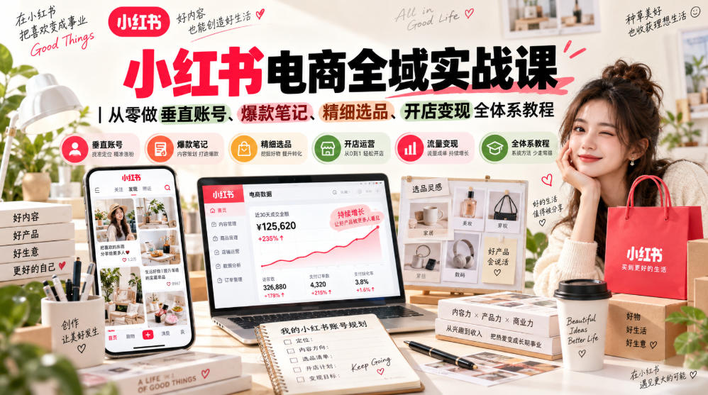 小红书电商全域实战课｜从零做垂直账号、爆款笔记、精细选品、开店变现全体系教程-网赚项目平台