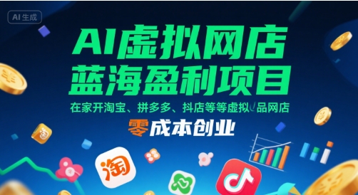 AI虚拟网店蓝海盈利项目，在家开淘宝、拼多多、抖店等虚拟品网店，零成本创业-网赚项目平台