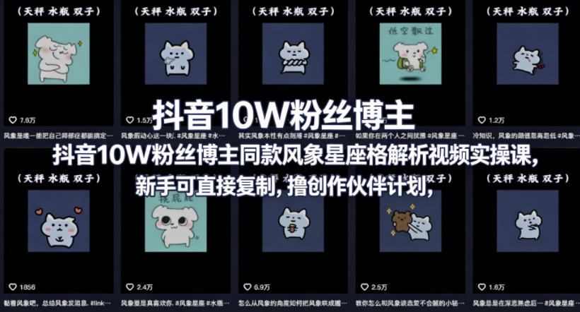 抖音10W粉丝博主同款星座性格解析视频实操课，新手可直接复制，撸创作伙伴计划，分成计划等-网赚项目平台