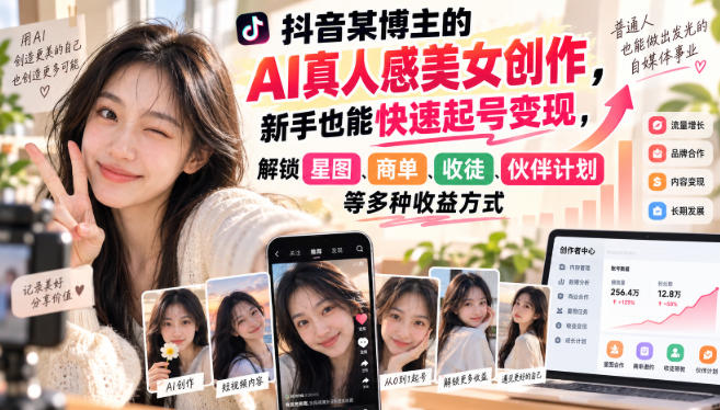 抖音某博主的AI真人感美女创作,新手也能快速起号变现,解锁星图,商单,收徒,伙伴计划等多种收益方式-网赚项目平台
