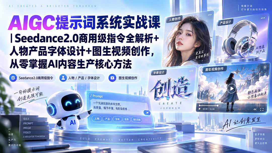 AIGC提示词系统实战课-无水印｜Seedance2.0商用级指令全解析+人物产品字体设计+图生视频创作，掌握AI内容生产方法-网赚项目平台
