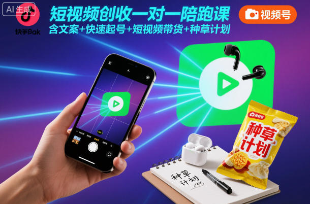 短视频创收一对一陪跑课,含文案+快速起号+短视频带货+种草计划-网赚项目平台