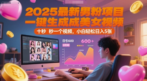 2025最新男粉项目，一键生成美女视频，日引600+色粉 十秒一个视频，小白轻松日入5张【揭秘】-网赚项目平台