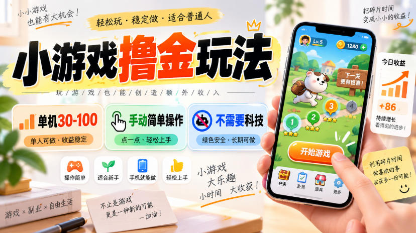 小游戏撸金玩法，单机30-100，手动简单操作，不需要科技-网赚项目平台