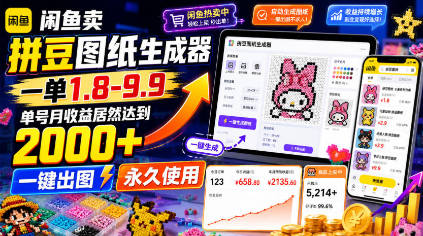 闲鱼卖拼豆图纸生成器，一单1.8-9.9，单号月收益居然达到2000+一键出图永久使用-网赚项目平台