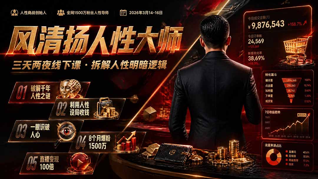 风清扬人性大师-三天两夜3月14-16线下课2026年｜拆解人性明暗逻辑，识人避坑，千万粉涨粉+直播百倍变现实战教学-网赚项目平台