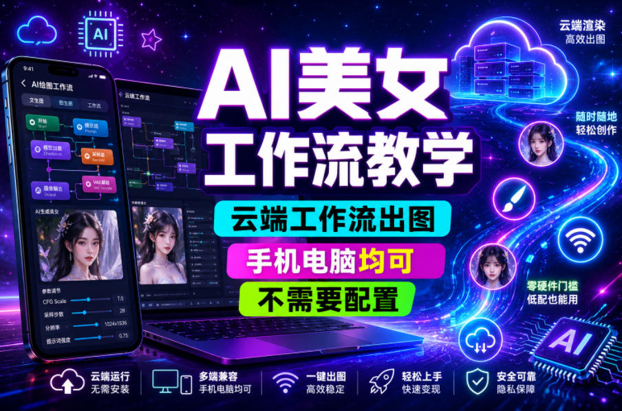 AI美女工作流教学，云端工作流出图，手机电脑均可，不需要配置，快速起号涨粉-网赚项目平台