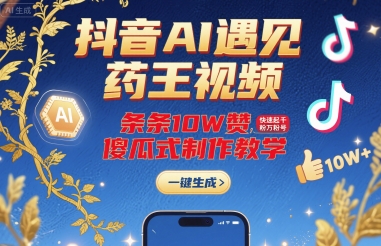 抖音AI遇见药王视频，条条10W赞，快速起千粉万粉号，傻瓜式制作教学-网赚项目平台