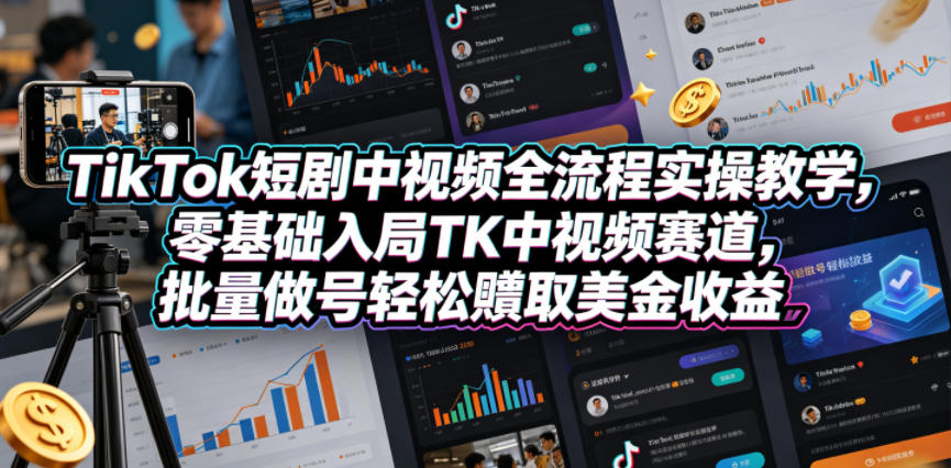 TikTok短剧中视频全流程实操教学，零基础入局TK中视频赛道，批量做号轻松賺取美金收益-网赚项目平台