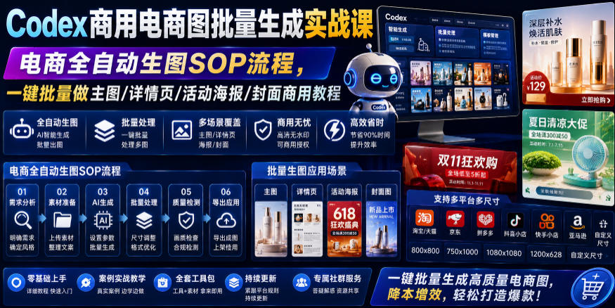 Codex商用电商图批量生成实战课｜电商全自动生图SOP流程，一键批量做主图/详情页/活动海报/封面商用教程-网赚项目平台