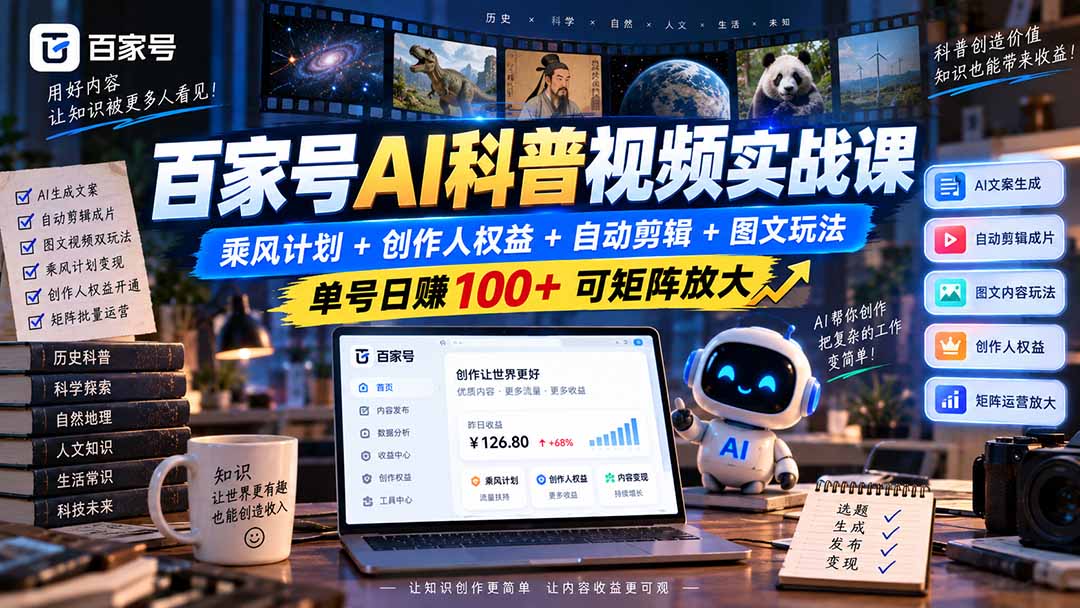 百家号AI科普视频实战课：乘风计划+创作人权益+自动剪辑+图文玩法，单号日赚100+可矩阵放大-网赚项目平台