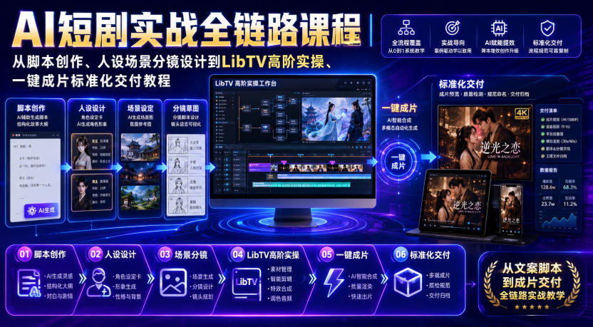 AI短剧实战全链路课程｜从脚本创作、人设场景分镜设计到LibTV高阶实操、一键成片标准化交付教程-网赚项目平台