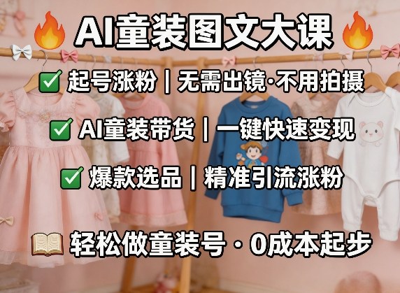 AI童装图文剪辑,某社群童装图文大课,起号涨粉、AI童装带货、爆款选品,无需出镜和拍摄-网赚项目平台