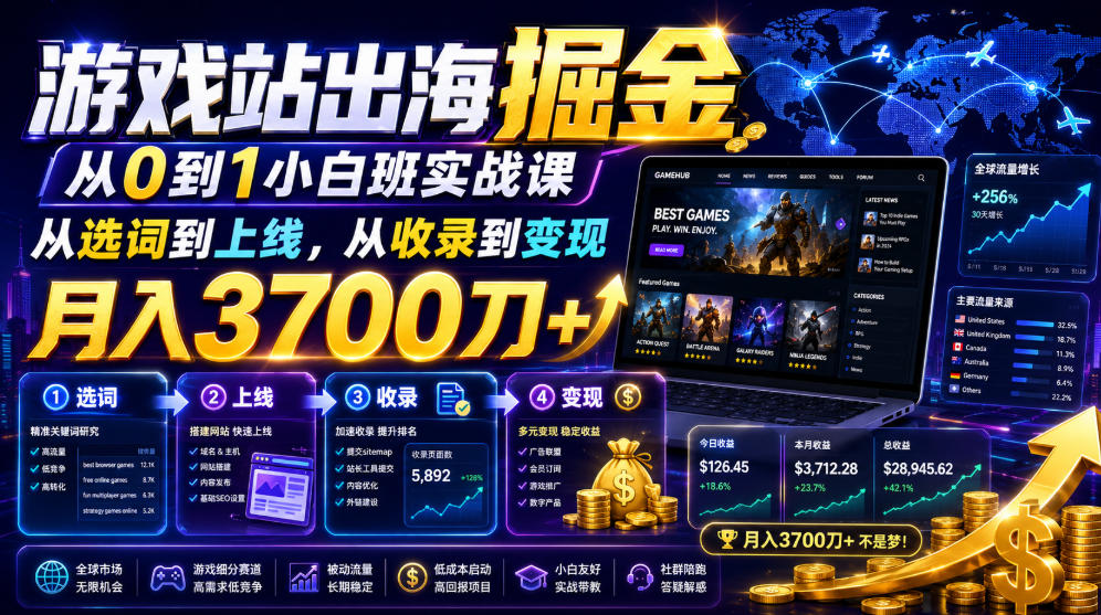 游戏站出海掘金从0到1小白实战课，从选词到上线，从收录到变现，月入3700刀+-网赚项目平台