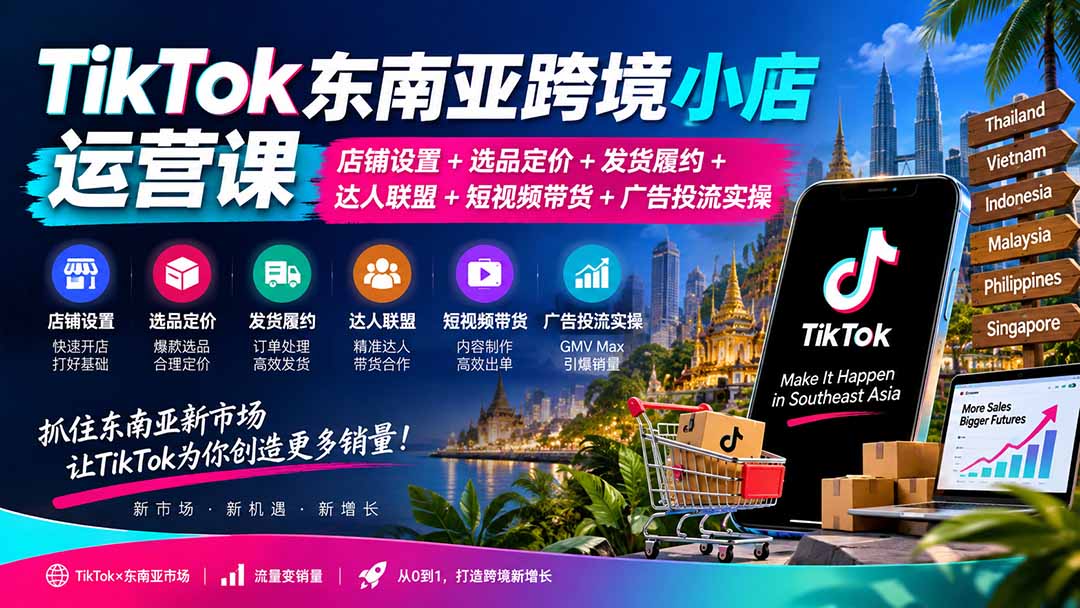 TikTok东南亚跨境小店运营课：店铺设置+选品定价+发货履约+达人联盟+短视频带货+广告投流实操-网赚项目平台
