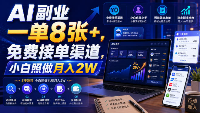 AI副业一单8张+，免费接单渠道，小白照做月入2W【揭秘】-网赚项目平台
