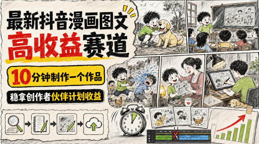 最新抖音漫画图文高收益赛道，10分钟制作一个作品，稳拿创作者伙伴计划收益-网赚项目平台