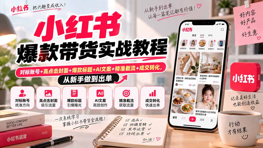 小红书爆款带货实战教程|对标账号+高点击封面+爆款标题+AI文案+精准截流+成交转化,从新手做到出单-网赚项目平台