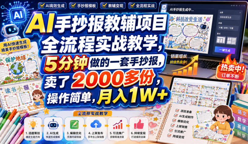AI手抄报教辅项目全流程实战教学，5分钟做的一套手抄报，卖了2000多份，操作简单，月入1W+-网赚项目平台