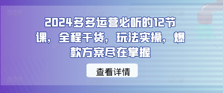 2024多多运营必听的12节课，全程干货，玩法实操，爆款方案尽在掌握-网赚项目平台