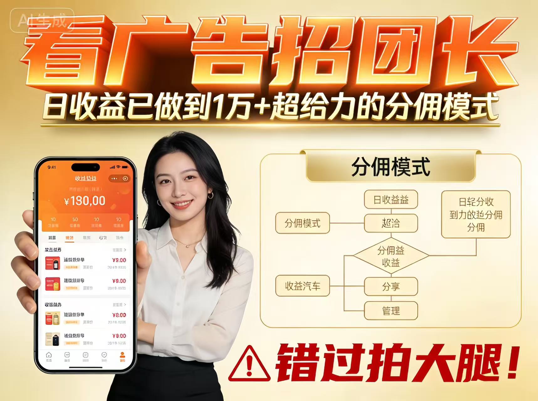 看广告招团长，团队收益已做到日入1万，分佣模式超给力，错过拍大腿-网赚项目平台