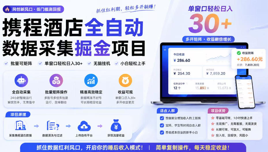 携程酒店采集挂G项目，批量可矩阵，单机轻松日入300+，开启你的睡后收入模式!【揭秘】-网赚项目平台