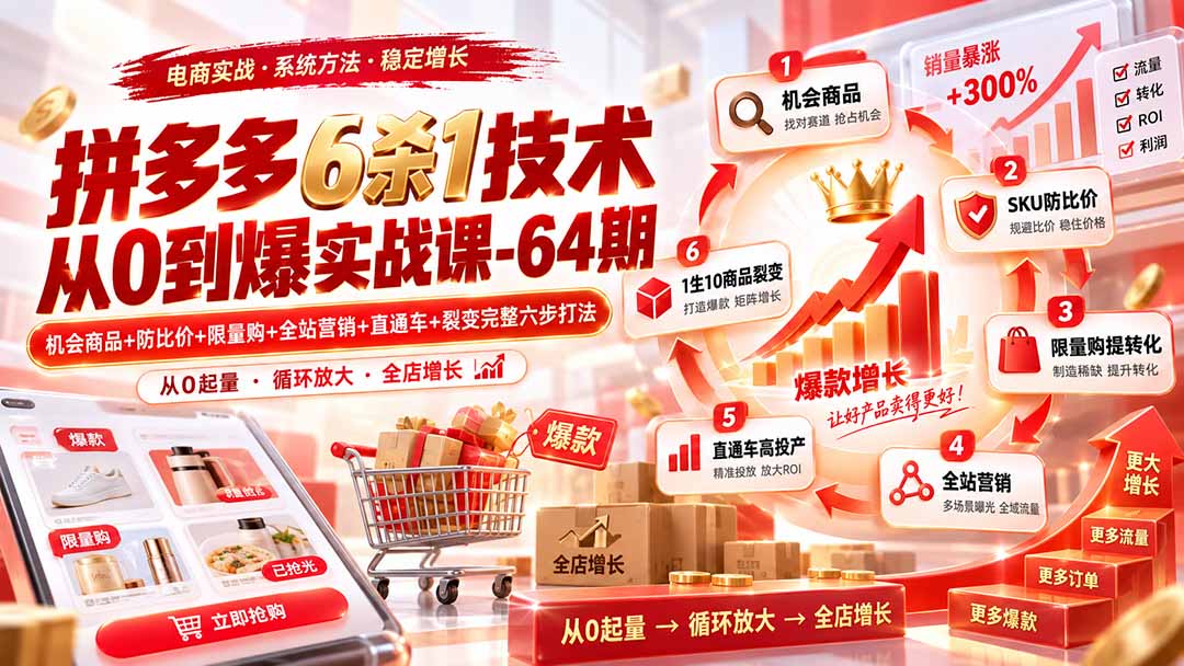 拼多多6杀1技术从0到爆实战课-64期：机会商品+防比价+限量购+全站营销+直通车+裂变完整六步打法-网赚项目平台
