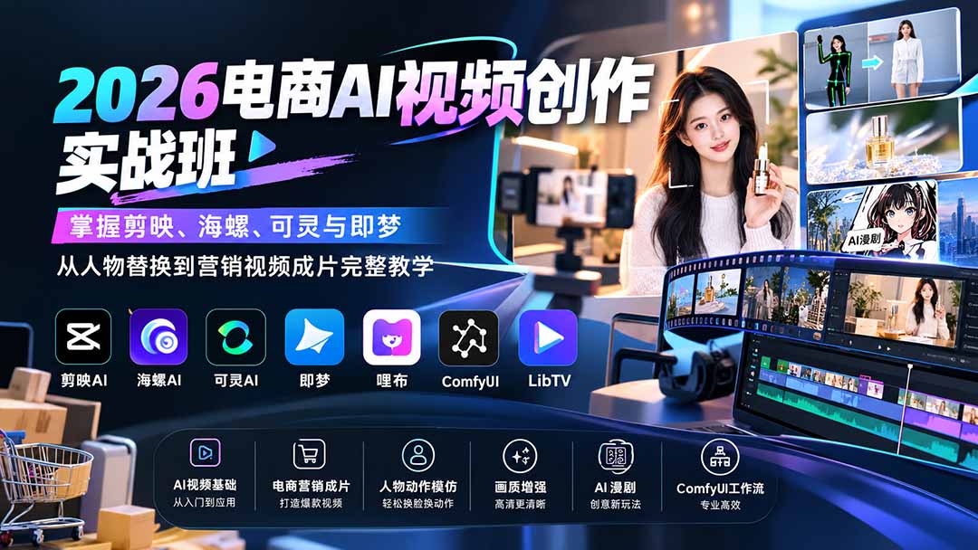 2026电商AI视频创作实战班:掌握剪映、海螺、可灵与即梦,从人物替换到营销视频成片完整教学-网赚项目平台