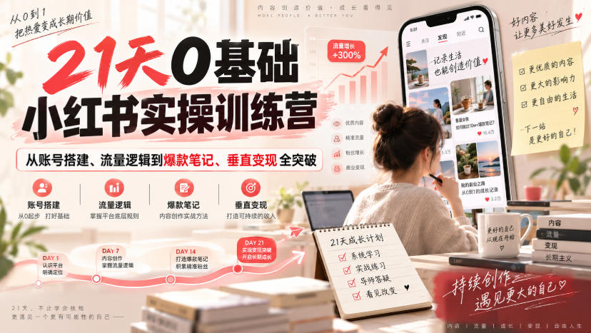 21天0基础小红书实操训练营｜从账号搭建、流量逻辑到爆款笔记、垂直变现全突破-网赚项目平台