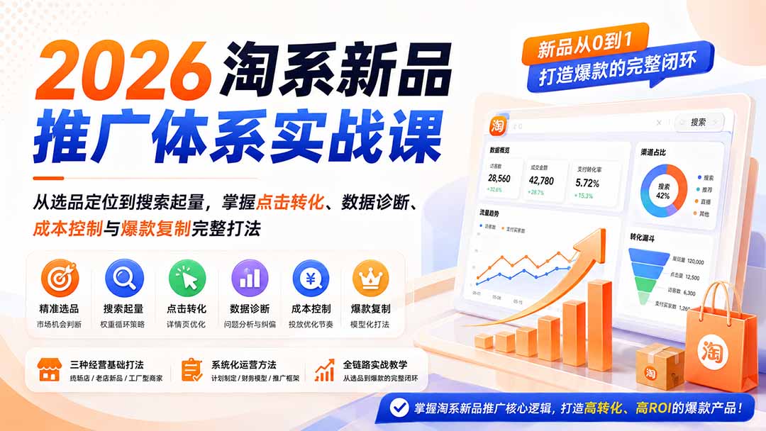 2026淘系新品推广体系实战课：从选品定位到搜索起量，掌握点击转化、数据诊断、成本控制与爆款复制完整打法-网赚项目平台