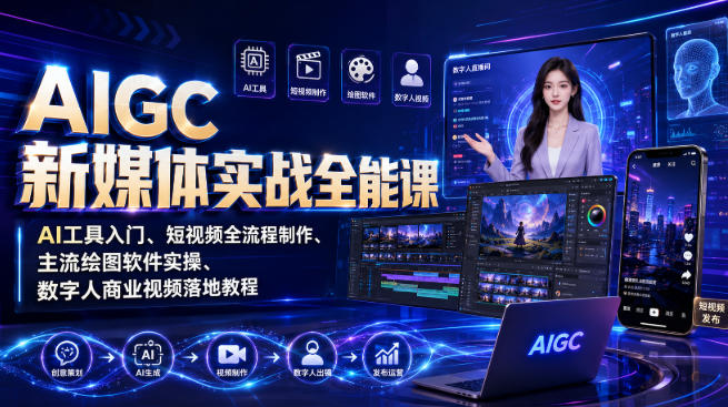 AIGC新媒体实战全能课｜AI工具入门、短视频全流程制作、主流绘图软件实操、数字人商业视频落地教程-网赚项目平台