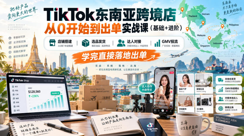 TikTok东南亚跨境店从0开始到出单实战课(基础+进阶),店铺搭建、选品发货、达人对接、GMV投流,学完直接落地出单-网赚项目平台