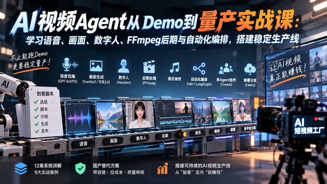 AI视频Agent从Demo到量产实战课：学习语音、画面、数字人、FFmpeg后期与自动化编排，搭建稳定生产线-网赚项目平台