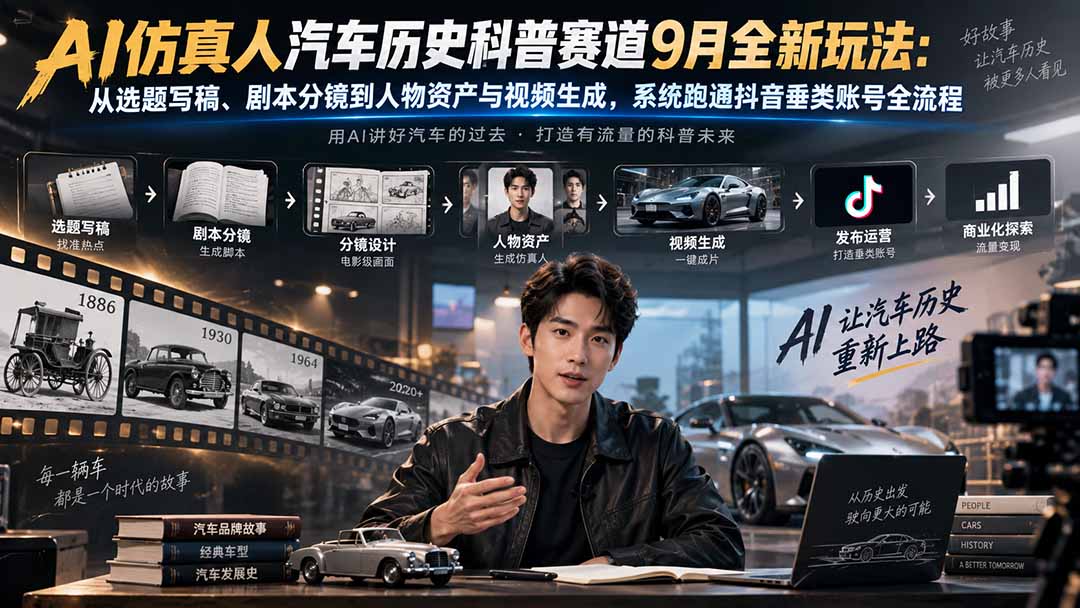 AI仿真人汽车历史科普赛道9月全新玩法：从选题写稿、剧本分镜到人物资产与视频生成，系统跑通抖音垂类账号全流程-网赚项目平台