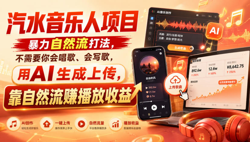 汽水音乐人项目,暴力自然流打法,不需要你会唱歌、会写歌,用AI生成上传,靠自然流賺播放收益-网赚项目平台