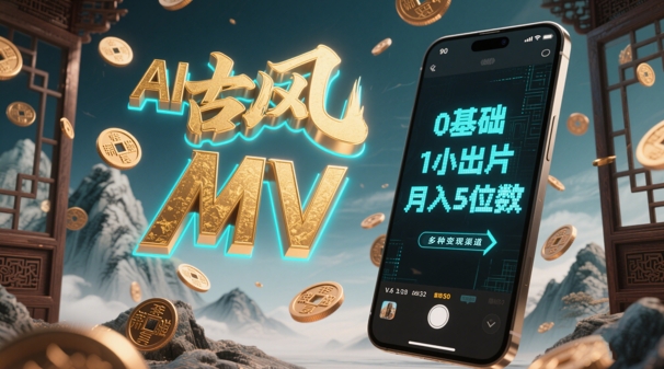 AI一键生成古风音乐MV，0剪辑基础1小时出片，多种变现渠道，一部手机月入5位数-网赚项目平台