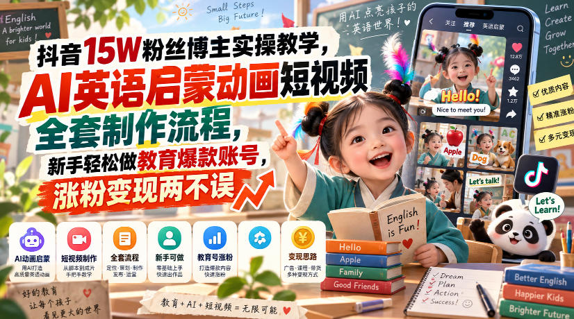 抖音15W粉丝博主实操教学，AI英语启蒙动画短视频全套制作流程，新手轻松做教育爆款账号，涨粉变现两不误-网赚项目平台