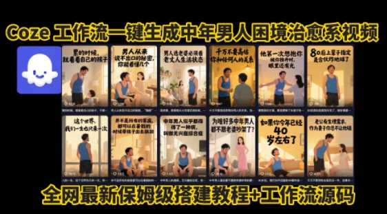 coze工作流一键生成”中年男人困境扎心高涨粉高播放量图文视频”保姆级拆解教程，无需剪辑，无需拍摄写文案-网赚项目平台