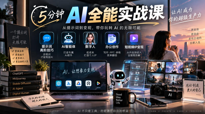 5分钟AI全能实战课｜提示词高阶技巧+AI智能体+数字人+办公创作+短视频IP变现全教程-网赚项目平台