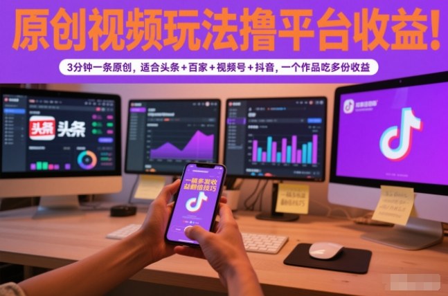 原创视频玩法撸平台收益,3分钟一条原创,适合头条+百家+视频号+抖音,一个作品吃多份收益-网赚项目平台